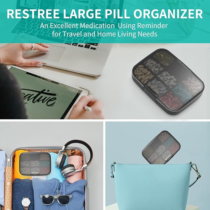 Restree Large Pill Organizer, Daily Pill Box, Portable Medicine Dispenser, Moisture-Proof Travel Pill Case for Vitamin, Medicine, Fish Oil/Supplements 9 compartments (Black)