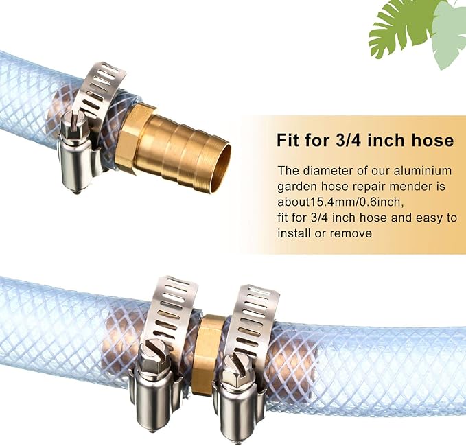 4 Pieces 34 Inch Garden Hose Repair Mender Solid Brass Water Hose Connector Splicer Mender with 8 Pieces Stainless Steel Tightening Clamp and Seal Tape