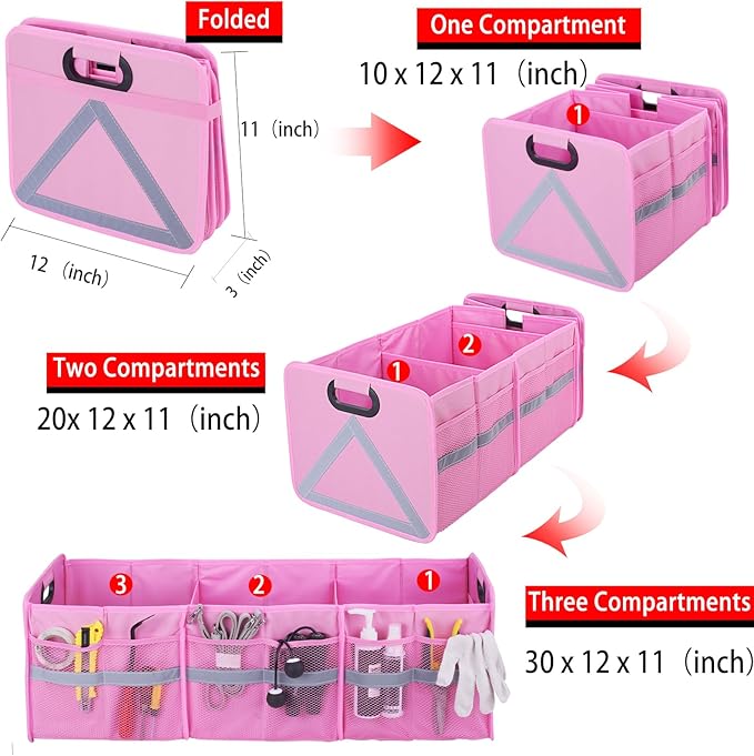 Homeve Large Collapsible Trunk Organizer with Multi Pockets, 3 Compartments Storage Organizer for Car, SUV, Minivan, PinkA