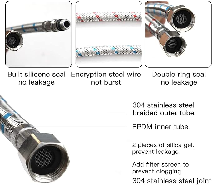 32-Inch Long Bathroom Kitchen Faucet Connector Braided Stainless Steel Faucet Supply Lines 1/2-Inch Female Compression Thread x M10 Male Connector, x 2 Pcs (1 Pair)