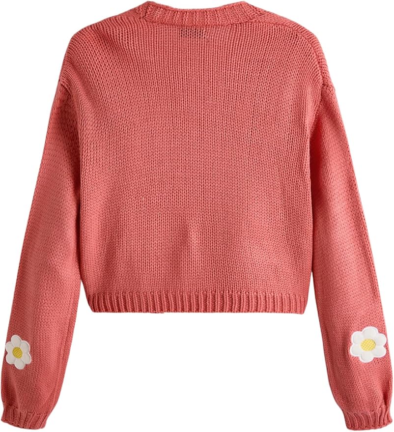 MakeMeChic Women's 3D Floral Cardigan Sweaters Open Front Cropped Cute Cardigan Lantern Sleeve Outerwear