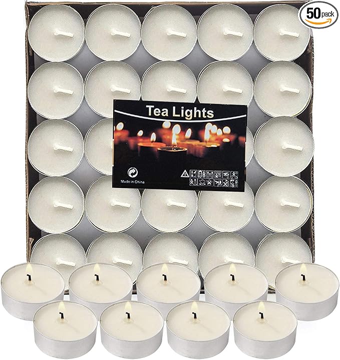 Visen 50Pack Tealight Candles, White, Unscented, Smokeless, Dripless & 6Hours Burn Time Long Burning Paraffin Tea Lights Candles for Home, Romantic Decor, Pool, Shabbat, Weddings & Emergencies