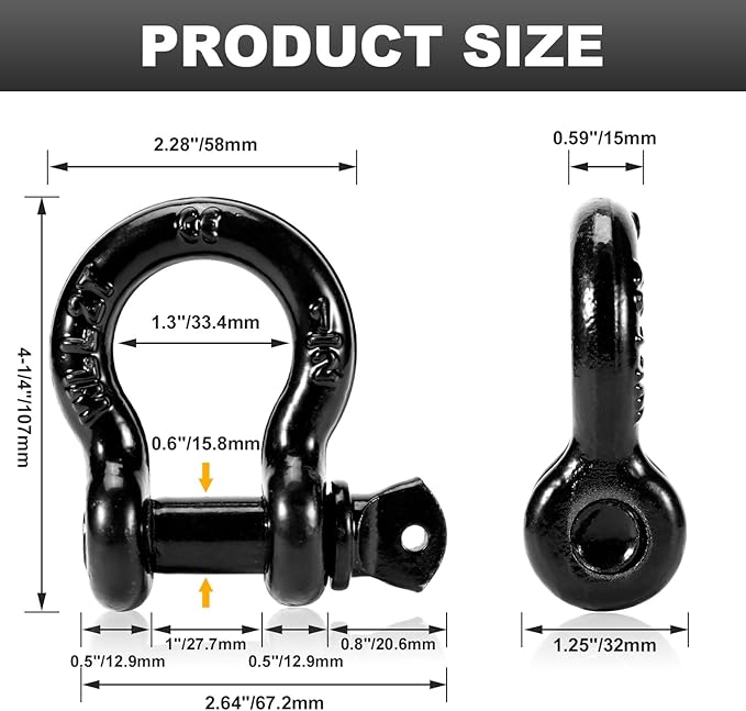 12" D Ring Shackles with 78" Screw Pin, 26,400 lbs Break Strength, Heavy Duty Clevis Shackles (Black) for Jeep, Truck, SUV, Trailer, ATV, UTV(2pcs)