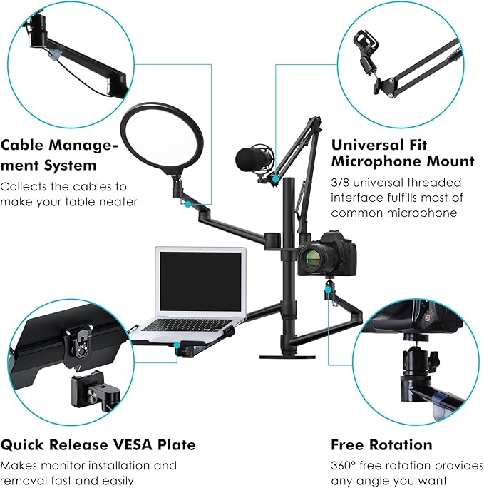 Viozon Selfie Desktop Live Stand Set 6-in-1 10" LED Ring Light Microphone Mount compatible with 12-17" laptop17-32'' monitor7-13 Tablet3.5-6.7" PhoneDigital Camera DSLR Online Teaching Meeting