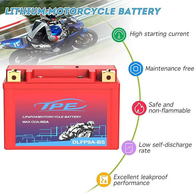 Lithium Motorcycle Battery, YTX9A-BS 12V Lithium Battery with Smart Battery Management System, LiFePO4 Engine Start Battery 4AH 460 CCA Starting Batteries for Motorcycles and ATVs-DLFP9A-BS