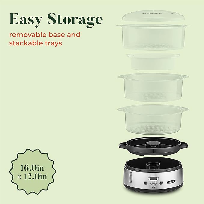 BELLA 9.5 QT Triple Tier Digital Food Steamer, Healthy Fast Simultaneous Cooking, Stackable Baskets for Vegetables or Meats, RiceGrains Tray, Auto Shutoff Boil Dry Protection, Stainless Steel