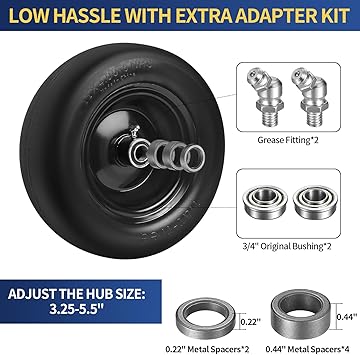 11x4.00-5 Flat Free Solid Tire and Wheel Replacement with 34" or 58" 12" Bushings, 3.4"-5.6" Centered Hub,Smooth Tread Tire for Zero Turn Mowers