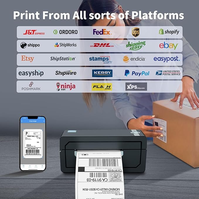 JADENS Bluetooth Thermal Shipping Label Printer Wireless 4x6 Shipping Label Printer, Compatible with AndroidiPhone and Windows, Widely Used for Ebay, , Shopify, Etsy, USPS