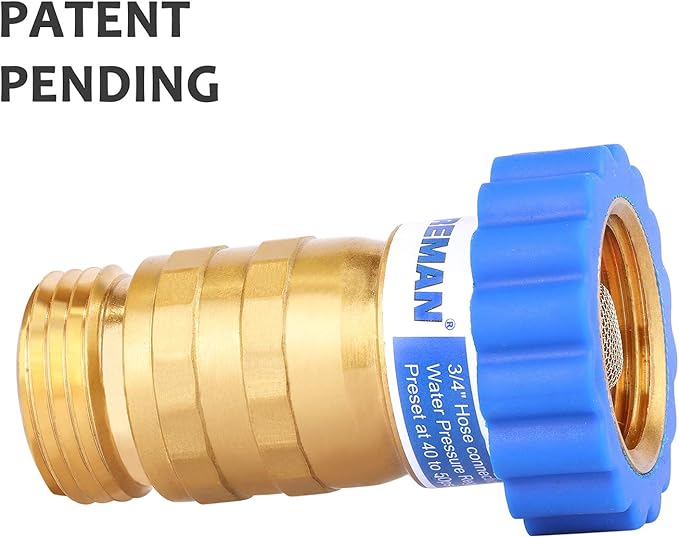 MEASUREMAN Lead-Free Brass Water Pressure Regulator, 40-50 PSI Pressure Reducer for RV, Camper, Trailer, Garden, and Plumbing Systems, Universal 34a Hose Connection, Safe for Potable Water