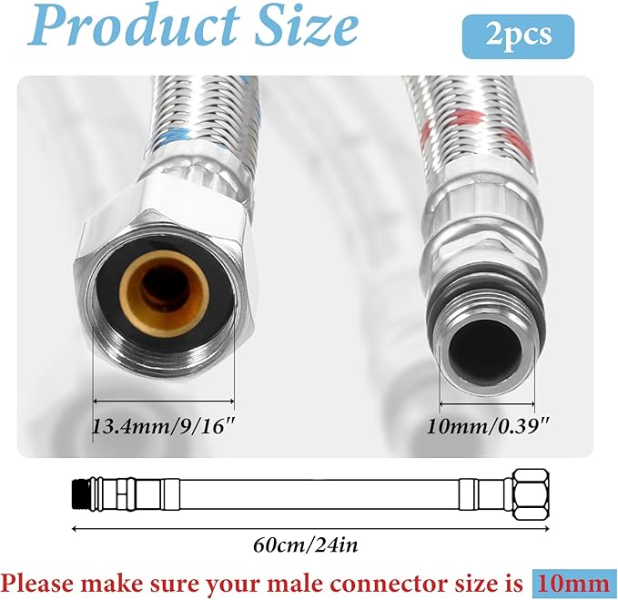 24 Inch Faucet Supply Lines, 2 PCS Faucet Hose Bathroom Kitchen Faucets Lines Braided Stainless Steel Supply Hose for Hot and Cold Water Supply(38-Inch Female Compression Thread X M10 Male Connector)