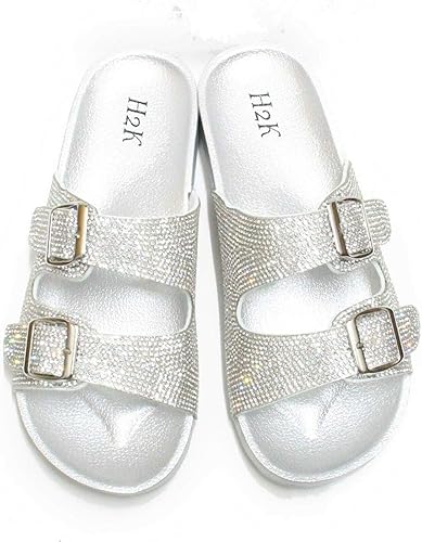 H2K Womens Glitter Double Buckle Adjustable Comfort Slip On Slide Sandals Espen