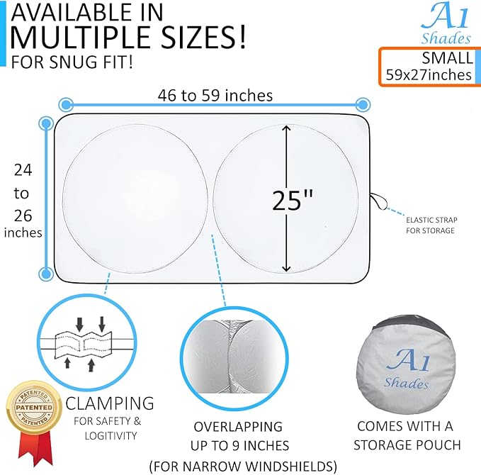 Car Sun Shade with Storage Pouch by A1 Sunshades Shield Protector Blocker Retractable Cover Sunscreen Auto Interior Accessories Visor Small