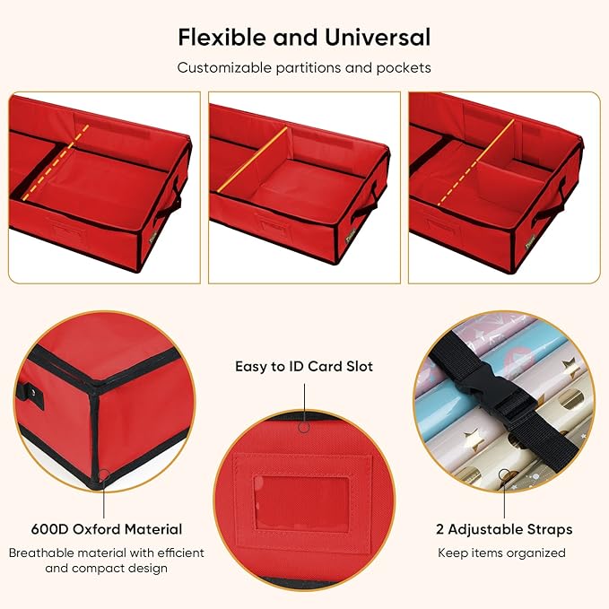 BALEINE Wrapping Paper Storage Organizer, 40" Durable 600D Oxford Fabric Gift Wrap Storage Bag with Flexible Partitions for Ribbon, Holiday Accessories (Red)