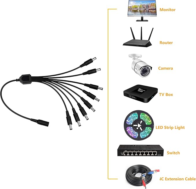 Xwell DC Power Splitter Cable 1 Female to 8 Male Wire Y Adppter 5.1mm X 2.1mm for CCTV Security Cameras and LED Strip Lights