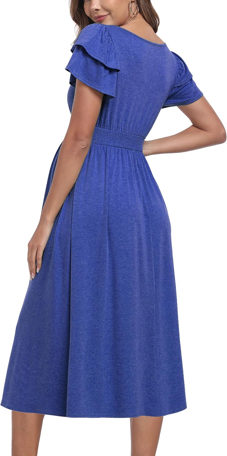 Ruffle Short Sleeve Maternity Dress High Waisted Midi Spring Baby Shower Dresses