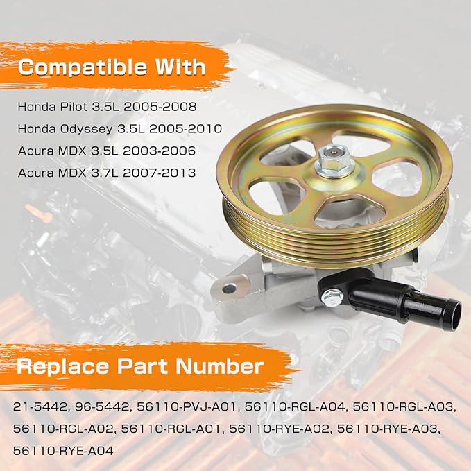 Power Steering Pump with Pulley Compatible with Acura MDX 3.5L 3.7L Honda Pilot 3.5L 2005-2008 Odyssey 3.5L 2005-2010