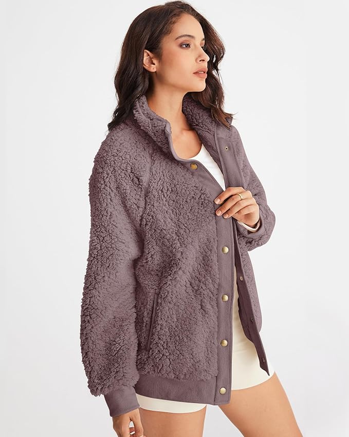 MEROKEETY Women's 2025 Winter Long Sleeve Button Sherpa Jacket Coat Pockets Warm Fleece