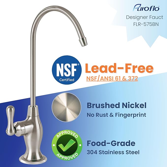 Brushed Nickel Reverse Osmosis Faucet, NSF Certified, NonAir Gap for Under Sink Water Filtration System, RO System Drinking Water Faucet, FLR-575BN