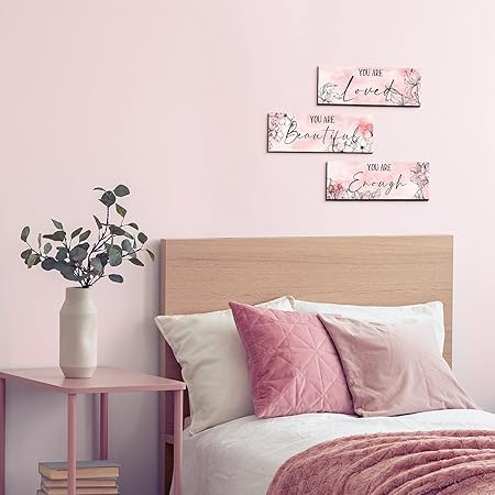 Yookeer 3 Pcs Floral Wooden Hanging Wall Art Inspirational Quotes You Are Beautiful Room Picture Decor Thank you Birthday Women Gift Teacher Assistant(4 x 11 Inch,Pink)