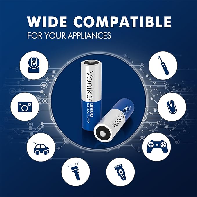Voniko AA Batteries, 4 Pack 1.5V Lithium AA BatteriesHigh Performance Double A Long Lasting Battery for Flashlight, Toys, Remote Control, Alarm System (Non-Rechargeable)