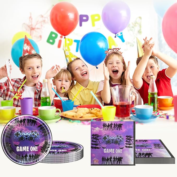 Video game party tableware set, includes 20 plates and 20 napkins, birthday decoration for video game themed parties, baby shower