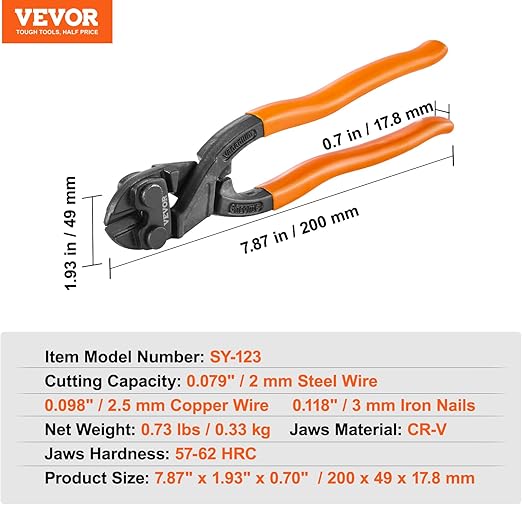 VEVOR Bolt Cutter, 8" Mini Lock Cutter, Streamlined Ergonomic Handle, Chromium Vanadium Alloy Steel Blade, Heavy Duty Bolt Cutter for Rods, Bolts, Steel Wires, Cables, Rivets, and Chains