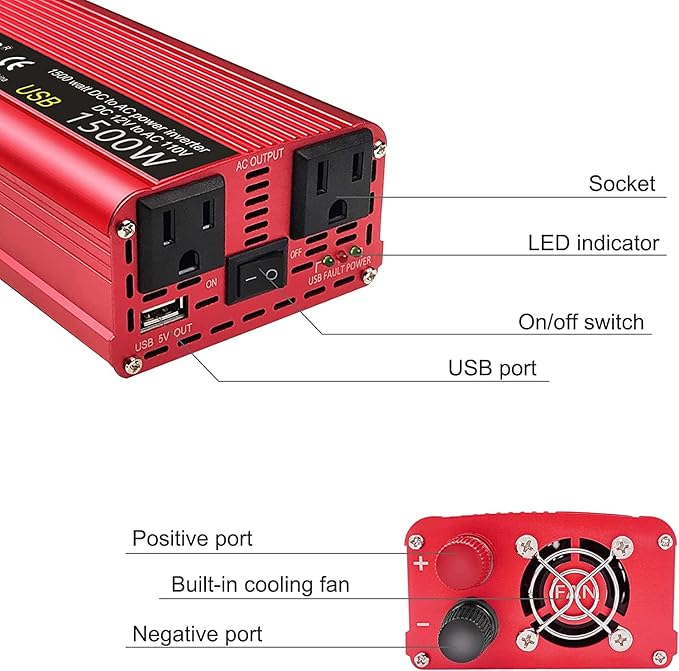 Power Inverter 700W/1500W (Peak) Dual AC Outlets and USB Charging Port DC 12V to 110V AC Car Converter Inverter for Home Car RV Truck Camping
