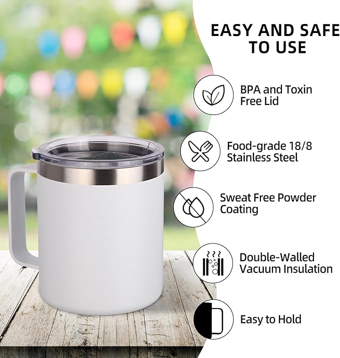 Volhoply 14oz Insulated Stainless Steel Coffee Mug with Leakproof Lid,Double Wall Vacuum Travel Coffee Cup with Handle,Reusable Metal Cups Tumbler,Camping Mugs Keep HotCold,Ideal Gifts(White,1)