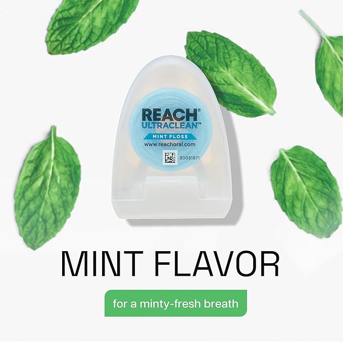REACH Ultraclean Dental Floss, Mint, Plaque Remover for Teeth, Shred Resistant, Waxed, Easy on Gums & Teeth, Mint, Oral Care, PFAS Free, for Adults & Kids, 1 Pack, 30 yd
