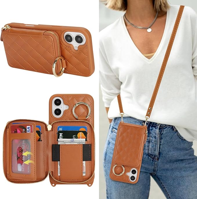 for iPhone 16 Plus Case Wallet with Card Holder for Women,for iPhone 16 Plus Phone case Wallet with Strap Credit Card Slots Crossbody with Kickstand Zipper Case-Brown