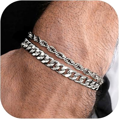 TEN MIRO 2-Piece Silver Bracelet for Men - Sweatproof Mens Silver Bracelets Non Tarnish Rope Cuban Link Chain Bracelet Set Exclusive Jewelry Gifts for Men Dad Husband Boyfriend, 8inch