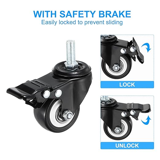PATIKIL 2 Inch Stem Casters, 2 Pack PU Threaded Stem Caster Wheel with Brake 360 Degree Rotation M10 x 25mm for Rolling Cart Cart Wheels Furniture Replacement