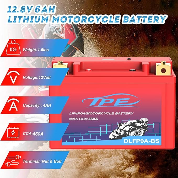 Lithium Motorcycle Battery, YTX9A-BS 12V Lithium Battery with Smart Battery Management System, LiFePO4 Engine Start Battery 4AH 460 CCA Starting Batteries for Motorcycles and ATVs-DLFP9A-BS