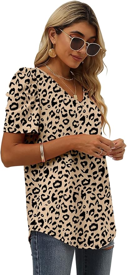 XIEERDUO Womens Summer Shirt V Neck Casual Tshirts Puff Sleeve Tops for Women Solid Color XS-3XL