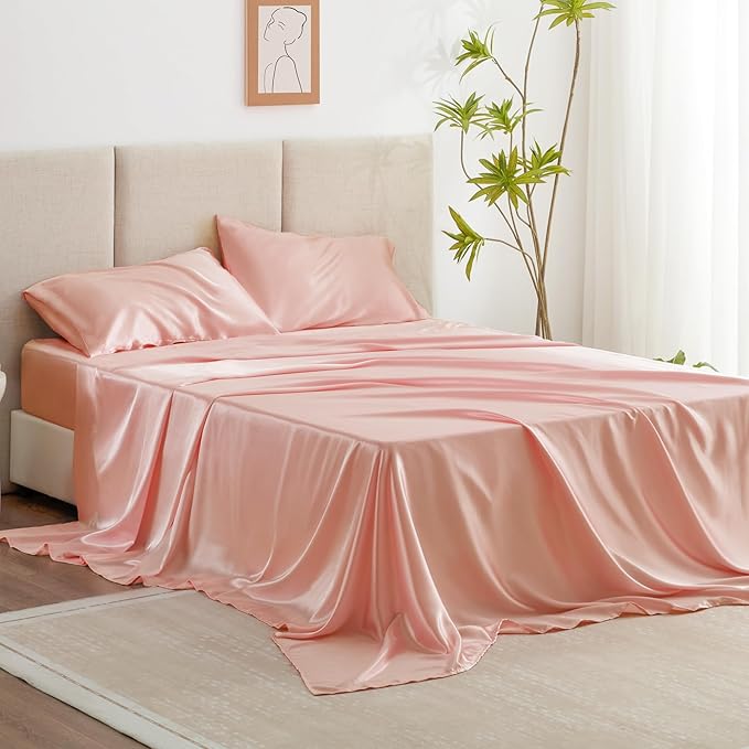 Love's cabin Satin Queen Sheet - 1 Piece Coral Silky Bed Sheet with Deep Pocket, Luxury Silk Feel Satin Queen Size Sheet (1 Flat Sheet)