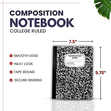 Composition Notebook Bulk 3 Packs, College Ruled Composition Notebook, Composition Books, 100 Sheets, 9-34" x 7-12", Black Marble Composition Notebook College Ruled, Perfect for School Supplies