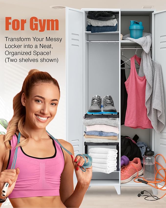Locker Organizer Shelf, Adjustable Width and Height, Stackable, Ideal Locker Shelf for School, Office, Gym Lockers, or Even Kitchen Cabinets Under Sink Organization (Black 1 Pack)