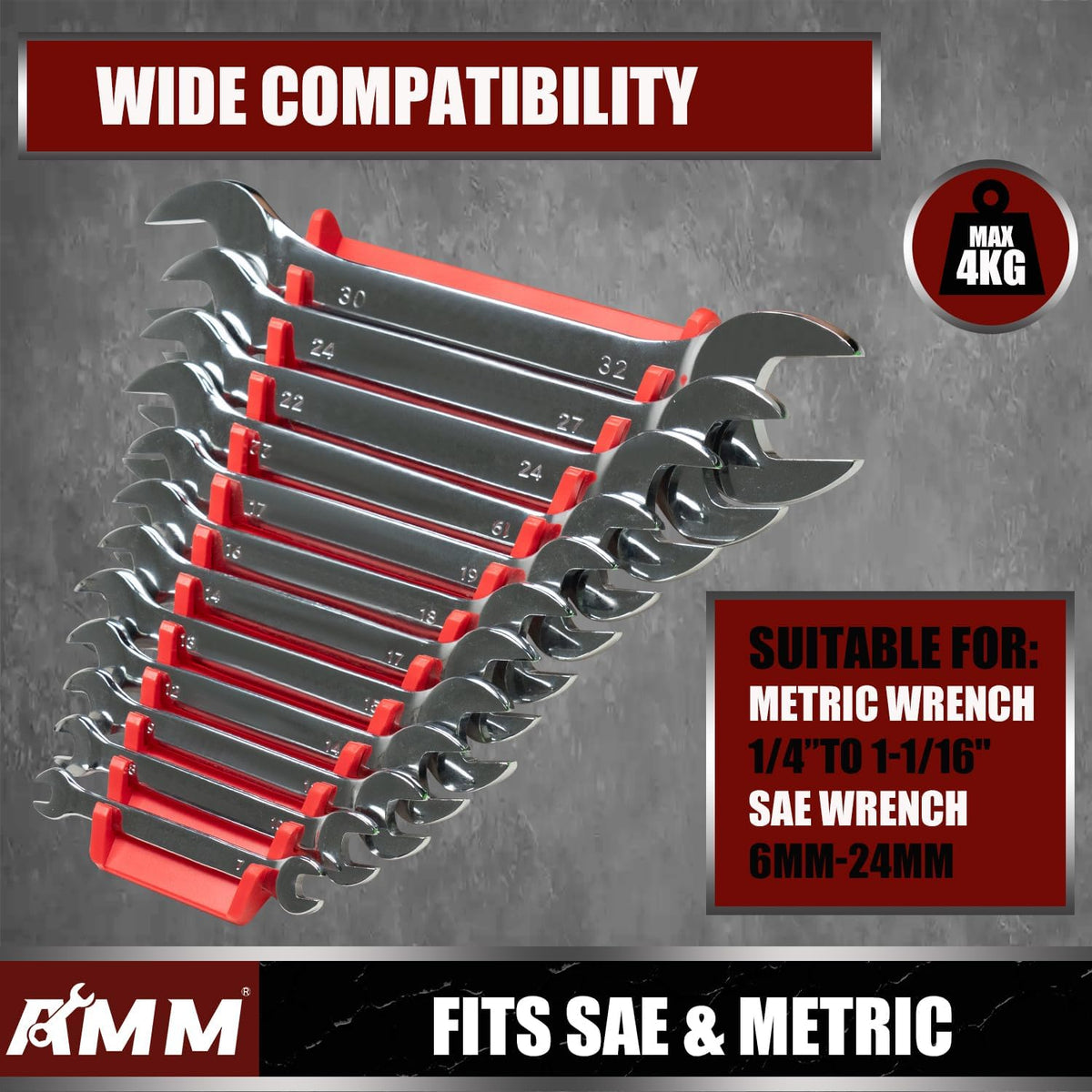 AMM 2 Pack Magnetic Wrench Organizer, 48-Slot Magnetic Wrench Holder for Tool Box Drawer Chest&Wall Mounted, SAE(1/4" - 1-1/16") and Metric 6mm-24mm