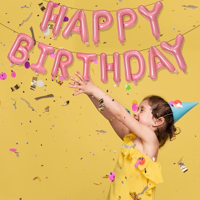 FUNTOOB Happy Birthday Balloons Banner Pink Happy Birthday Sign Letter Balloons 16 Foil Balloon for Boys Girls Adults Party Decorations