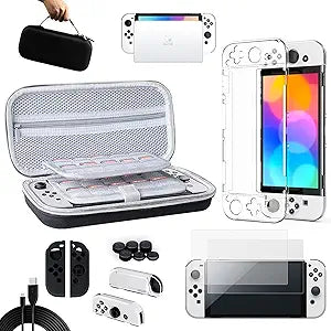 Benazcap Case Compatible with Nintendo Switch OLED Model 2021, 14 in 1, Accessories Kit with Carry Case, Clear Cover, Screen Protector, Silicone Skin for Joy-Con and Thumb Grip Caps, USB CableMore