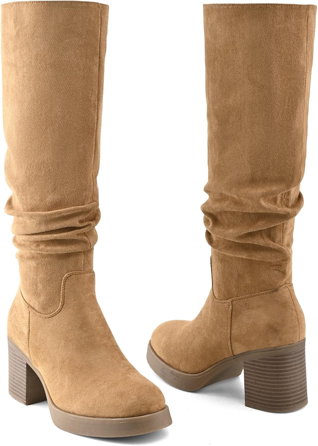 Knee High Boots for Women Chunky Heel Platform Slouchy Stretchy Suede Round Toe with Side Zipper Fall and Winter Fashion Comfortable Boots