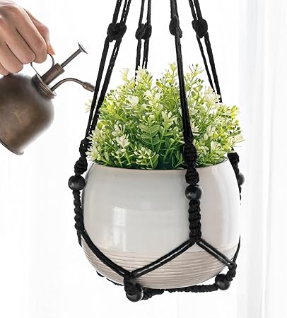Mkono 3 Pack Macrame Plant Hangers Indoor Different Size Hanging Planter Basket Flower Pot Holder with Beads No Tassels 35"29"23", Medium, Black