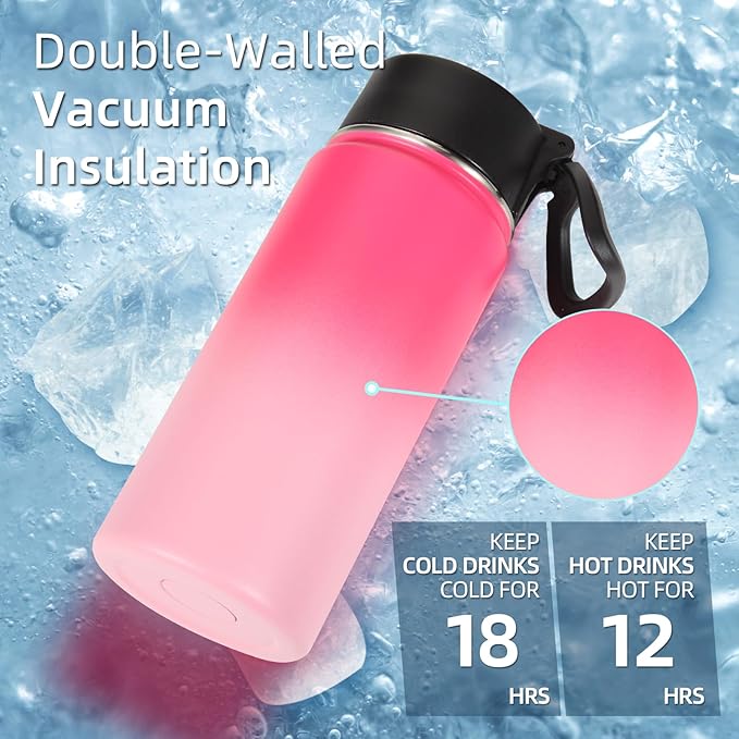 Volhoply Kids Insulated Water Bottle with Straw,16oz Stainless Steel Cold Water Bottles for School,BPA-Free Metal Wide Mouth Cups with Handle Lid,Reusable Double Wall Vacuum Sport Flask(Peach,1)