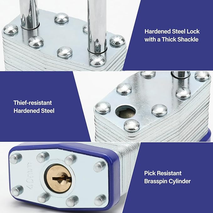 Lock Outdoor Padlocks, Laminated keyed Padlock, 1-9/16 in Wide Body, Padlock Set with Keys, Long Shackle (2Pack)