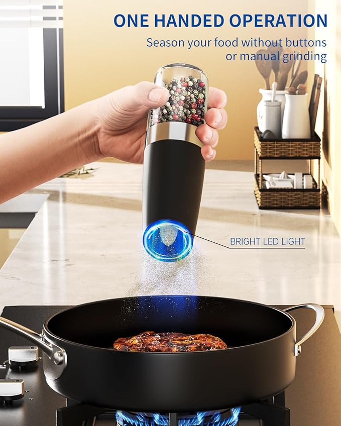 CIRCLE JOY Gravity Electric Pepper Grinder Salt Grinder Pepper Griner Mill Electric with LED Light, Battery Operated, Adjustable Coarseness, Washable 135ml Container, Black