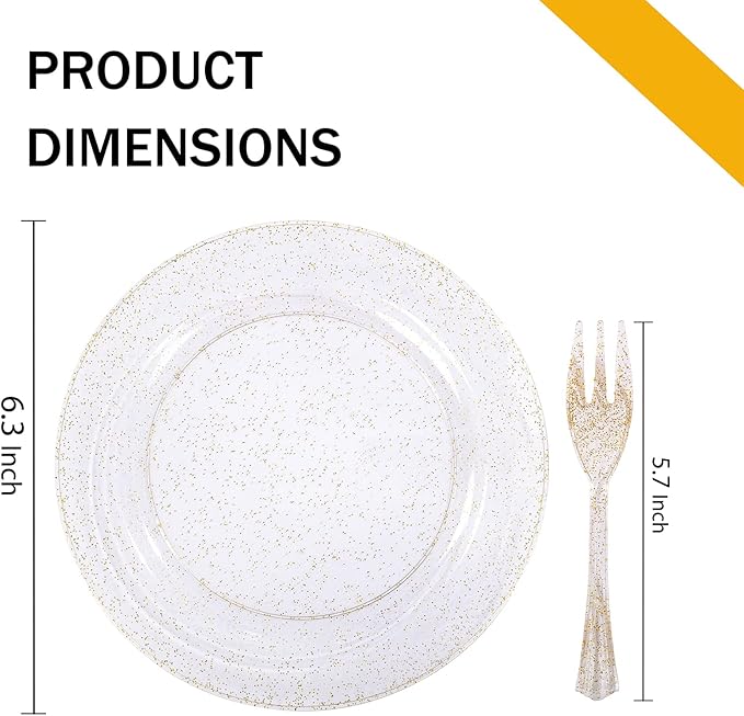 WELLIFE 60PCS Gold Glitter Dessert Plates and 60PCS Plastic Forks, 6.3 inch Disposable Dessert Plates for 60 Guests, Durable Gold Glitter Cake Plate, Perfect for Party
