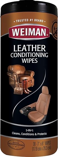Weiman Leather Cleaner & Conditioner Wipes With UV Protection, Prevent Cracking Or Fading Of Leather Couches, Car Seats, Shoes, Purses - 30 ct