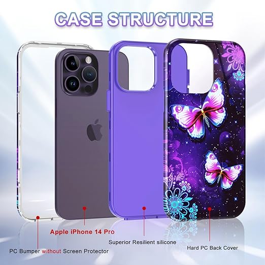 CASEFIV Compatible with iPhone 14 Pro Case,Marble Pattern 3 in 1 Heavy Duty Shockproof Full Body Rugged Hard PC+Soft Silicone Drop Protective Women Girls Cover for iPhone 14 Pro, Purple Butterfly