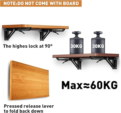 Folding Shelf Brackets, Heavy Duty Stainless Steel Collapsible Triangle Shelf Bracket, 2 Pcs Folding Shelf Hinge Wall Mounted Space Saving DIY Bracket, Max Load 130lb (10 Inch)