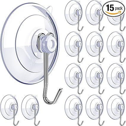 Suction Cup Hooks 15 Pack, 1.77 Inches Clear Suction Cup Hooks for Glass Window Decor Shower Bathroom, Small Reusable PVC Suction Cups with Removable Stainless Hooks
